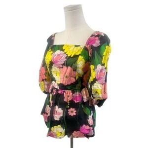 Johnny Was Jade Floral Print Blouse Square Neck 3/4 Sleeve Top Size‎ XS